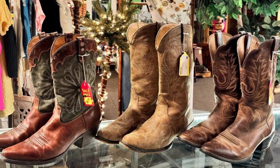 Boots on display inside the shop