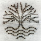 The simple lined logo for Ancient City Farmstead has a tree of life by a stream