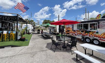 The main area of food trucks and outdoor seating