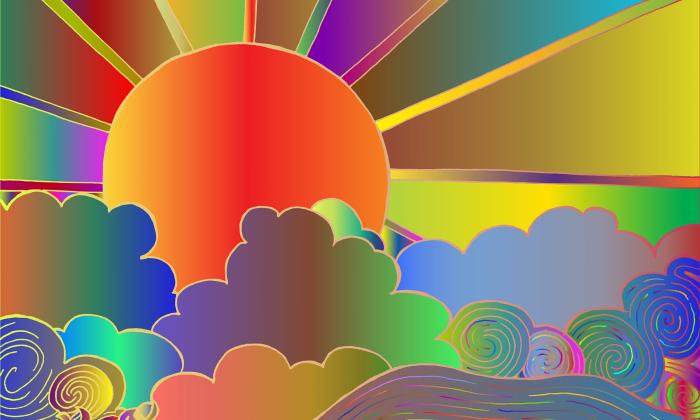 In blues, oranges, and yellows, and violet, art depicting the sun over cloudes