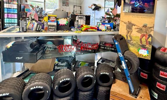 The counter in a busy PEV sales and rental shop